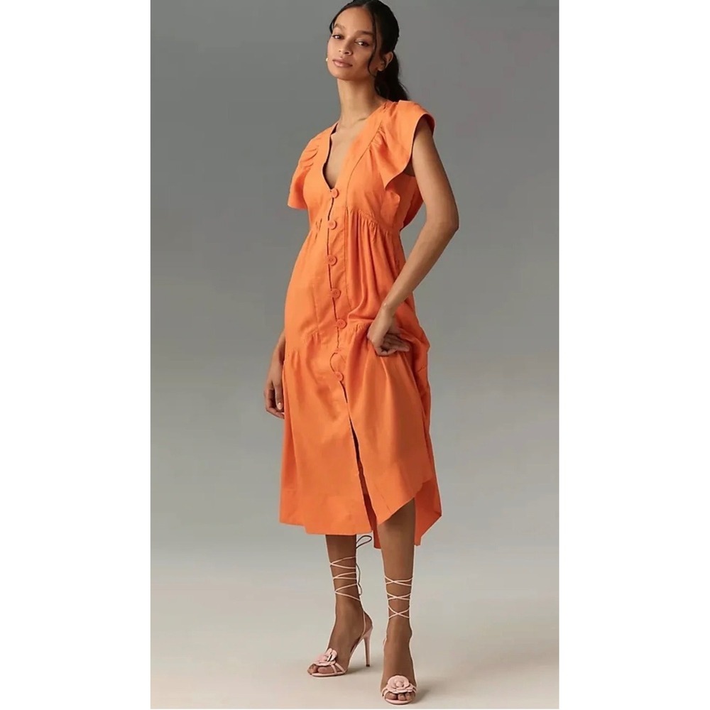 Anthropologie Reneé Flutter-Sleeve Linen Button-Front Midi Dress Orange XS NWT